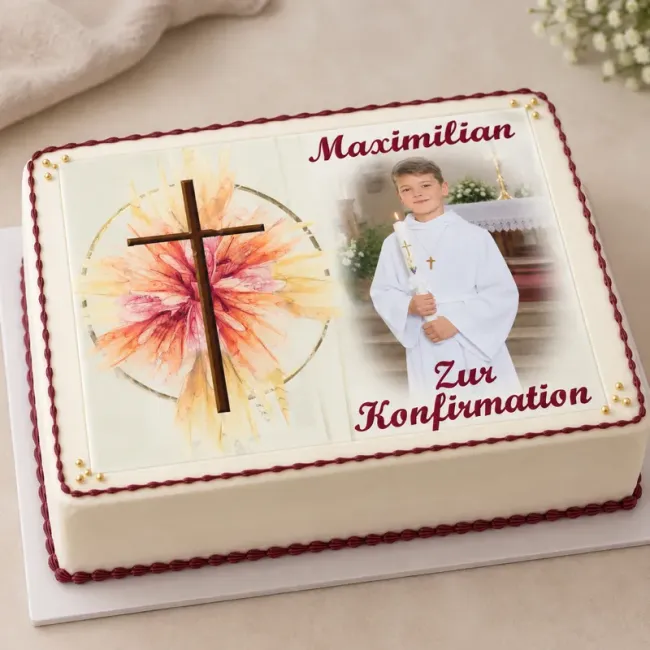 Fototortenaufleger für Kommunion, Konfirmation, Firmung und Jugendweihe mit feurigem Kreuz-Strahlenkranz